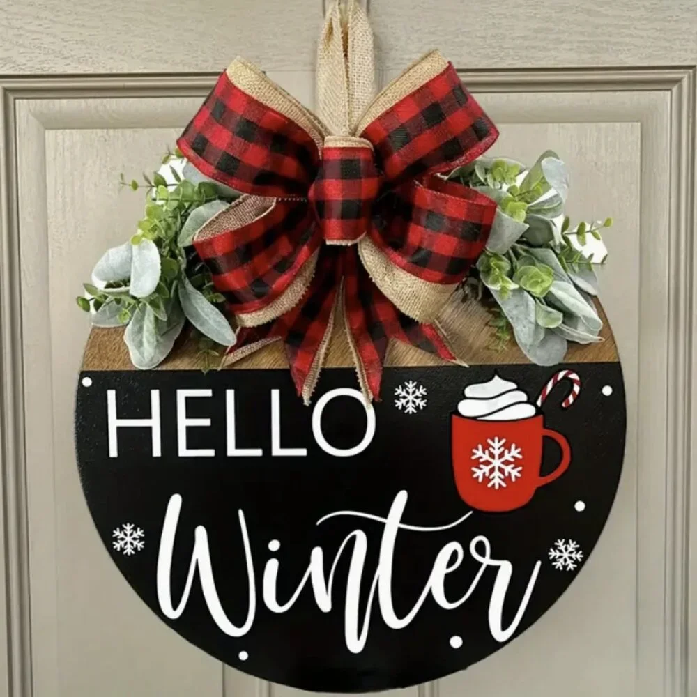 Hello Winter Front Door Hanging Sign Festive Holiday Bow Decor Wood Wreath 11.8
